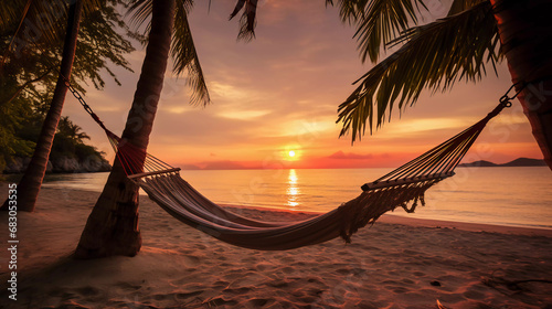 Hammocks on a beach at sunset, © Business Pics