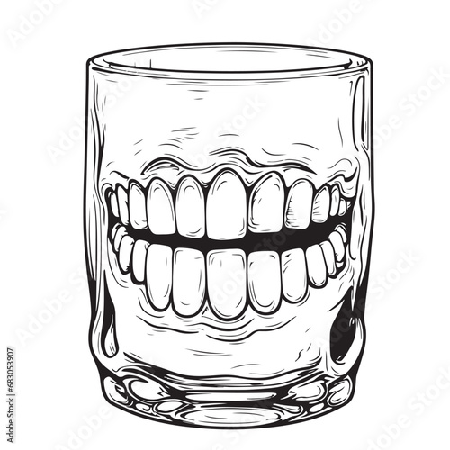 Outlined prosthetic denture teeth inside drinking glass Funny sketch