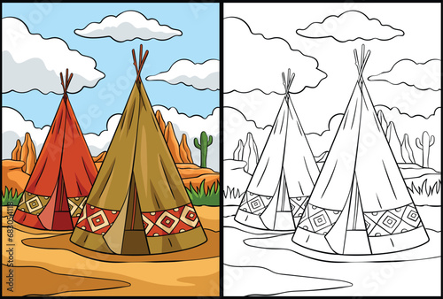 Native American Indian Tepee Coloring Illustration