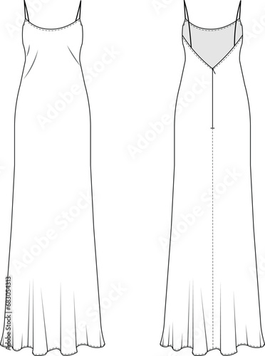 sleeveless shoulder spaghetti straps long maxi midi backless basic classic dress technical drawing flat sketch template cad mockup fashion woman