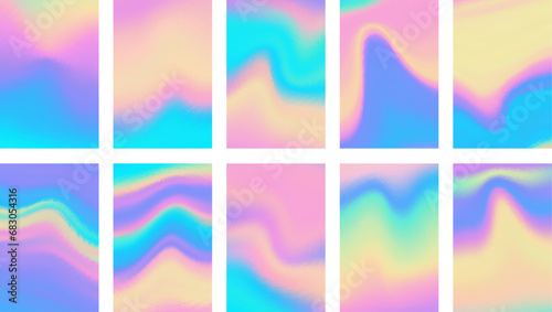 Set of colorful hologram banner. Abstract holographic wavy gradient mesh color backgrounds.