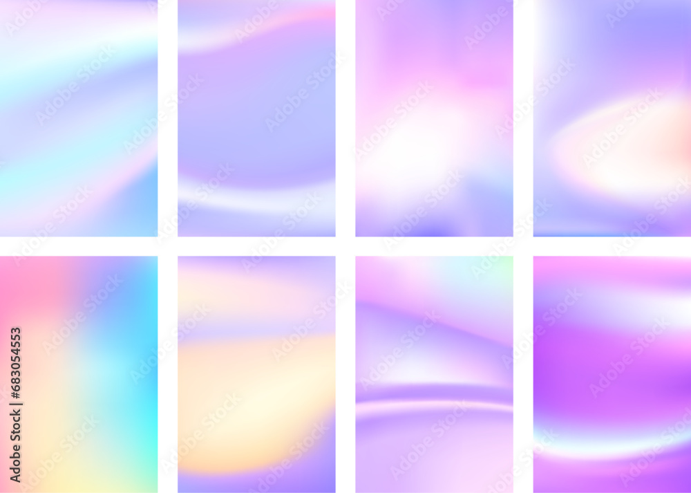 Set of colorful hologram banner. Abstract holographic wavy gradient mesh color backgrounds.