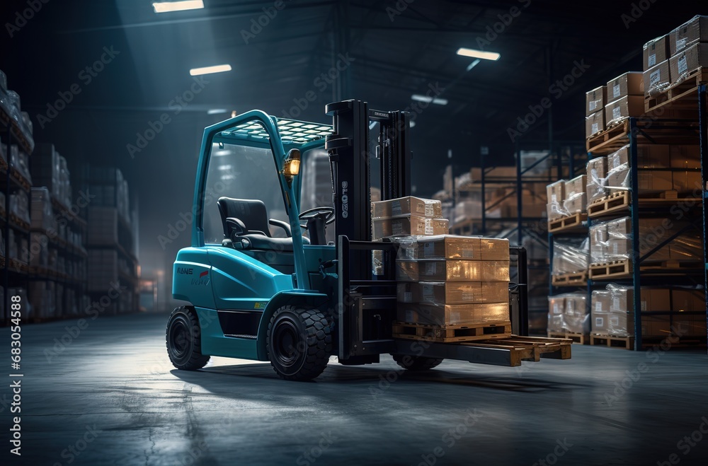 Forklift in a warehouse at night, with stacks of pallets and shelves in the background