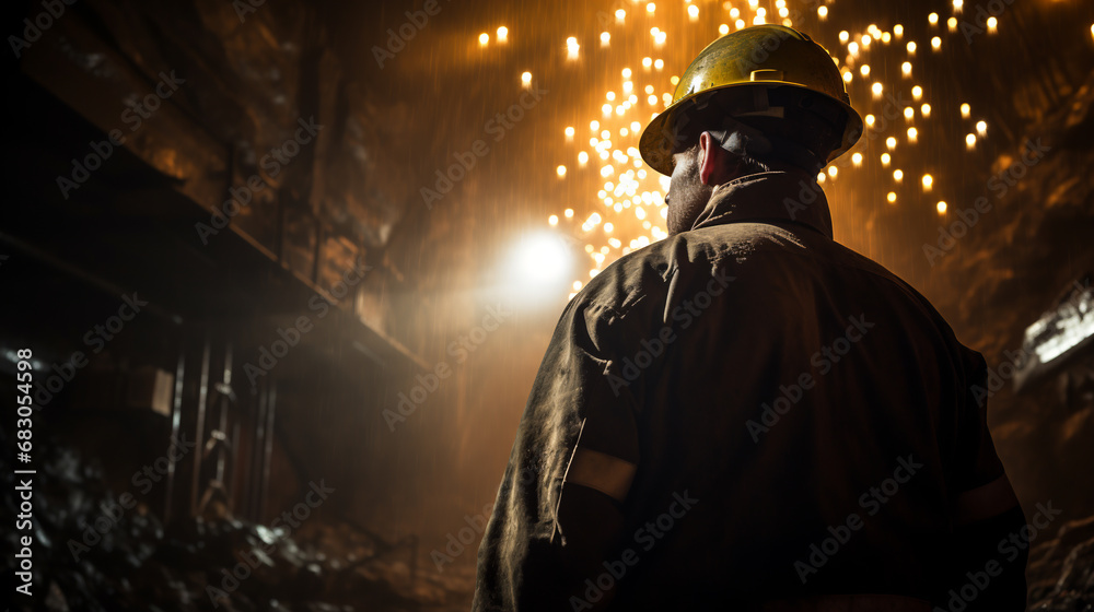 a miner in a hard hat works in a gold mine. ai generative a miner in a hard hat works in a gold mine. ai generative