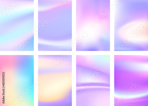 Set of colorful hologram banner. Abstract holographic wavy gradient mesh color backgrounds.