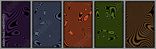 Set of vintage abstract posters with textured liquid pattern design and optical interference effect of the illusion of movement