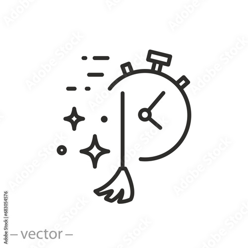 fast clean icon, broom with stopwatch, quick cleaning service, thin line symbol - vector illustration