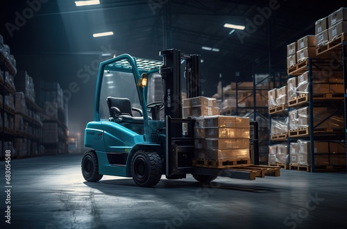 Forklift in a warehouse at night, with stacks of pallets and shelves in the background © DZMITRY