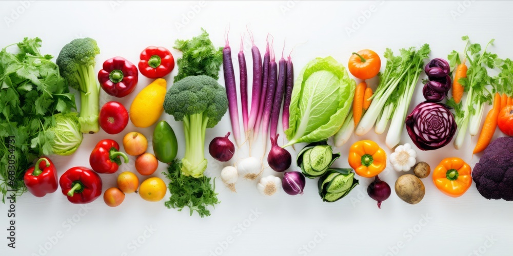Diverse Colored Vegetables Arranged on a White Table in the Garden, Showcasing the Vibrant Bounty of a Fresh Culinary Harvest Diverse Colored Vegetables Arranged on a White Table in the Garden, Showcasing the Vibrant Bounty of a Fresh Culinary Harvest