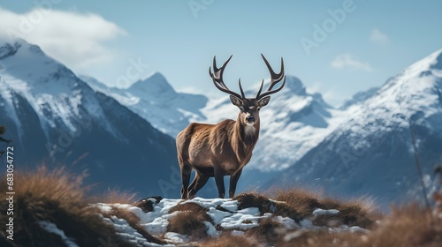Majestic Red Deer Stag Overlooking Snowy Mountains © Florian