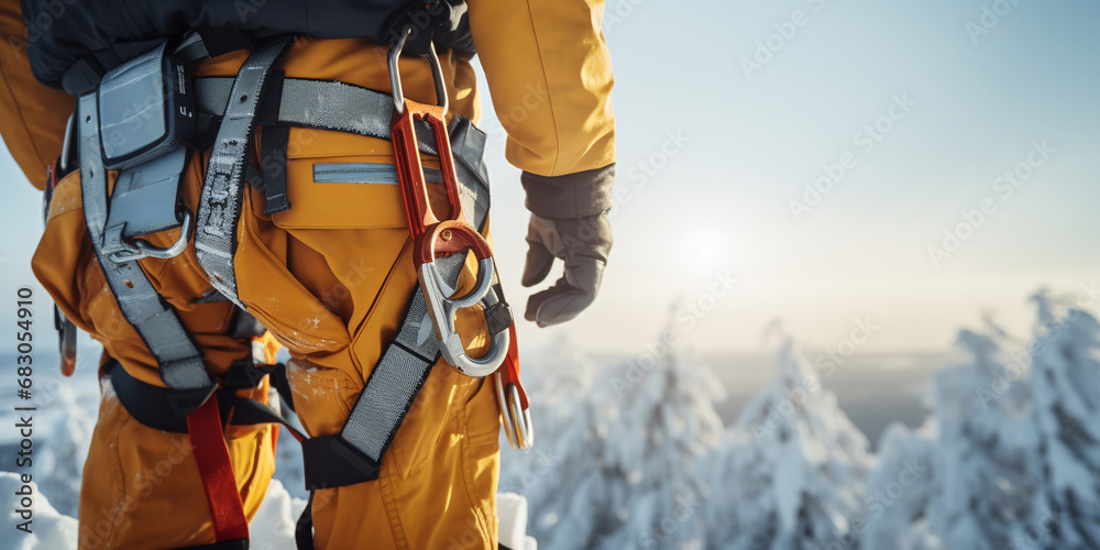 Work on high-altitude equipment. Worker fall prevention device with safety belt hooks, back view, snowstorm. ai generative Work on high-altitude equipment. Worker fall prevention device with safety belt hooks, back view, snowstorm. ai generative