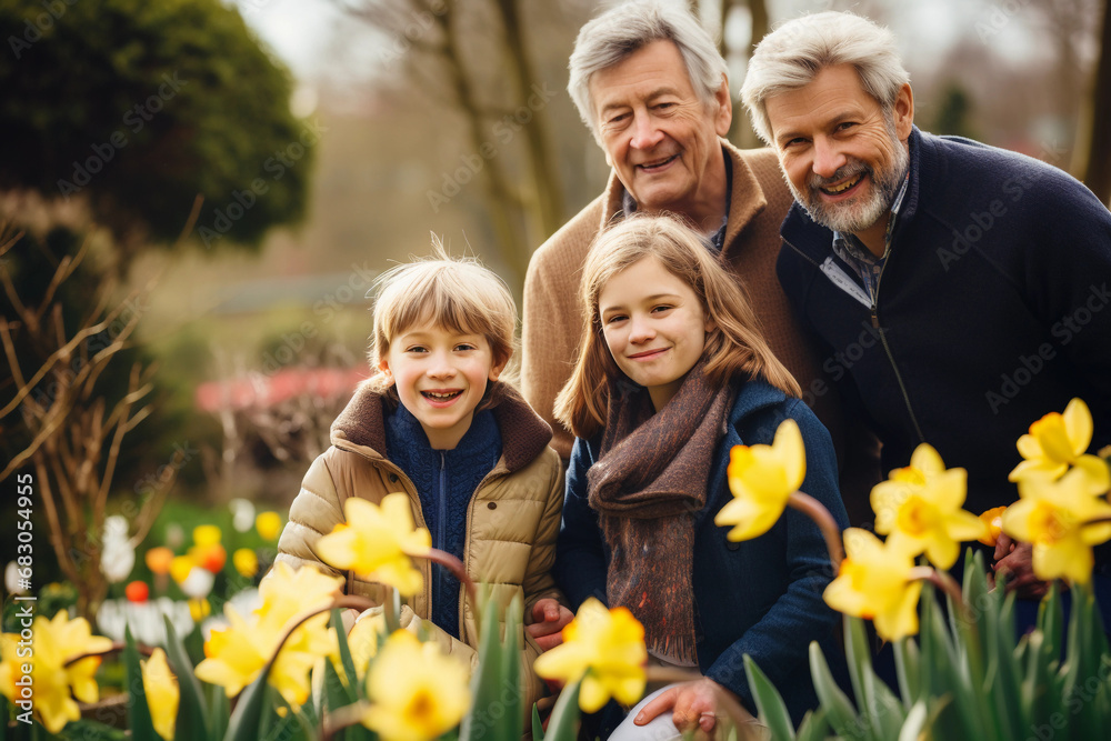 Generational portrait in a blooming garden, springtime, family amidst a backdrop of tulips and daffodils Generational portrait in a blooming garden, springtime, family amidst a backdrop of tulips and daffodils