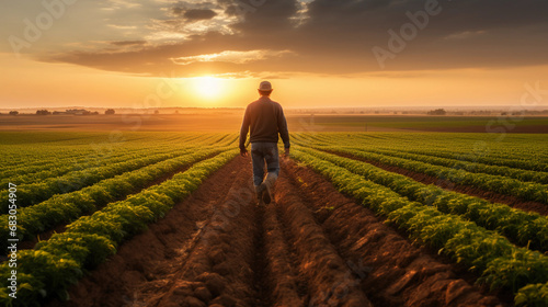 Farmer in the golden hour light, vast fields in the background, face lined with the wisdom of the land photo