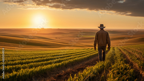 Farmer in the golden hour light, vast fields in the background, face lined with the wisdom of the land