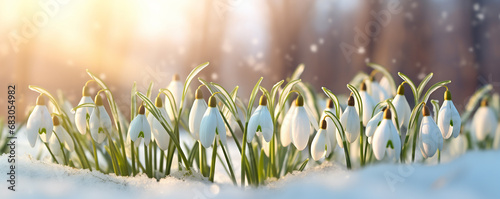 white snowdrop flowers blooming outdoors in snow. ai generative.