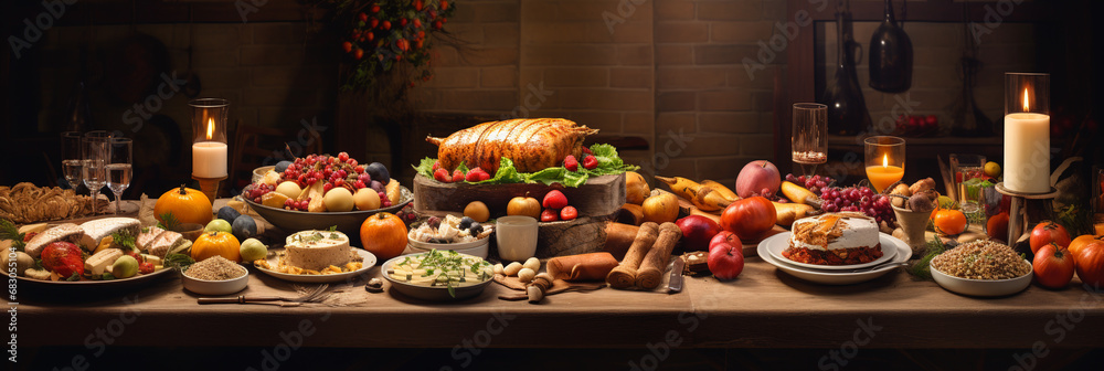 Thanksgiving and Christmas feast, rustic table spread. background. ai generative