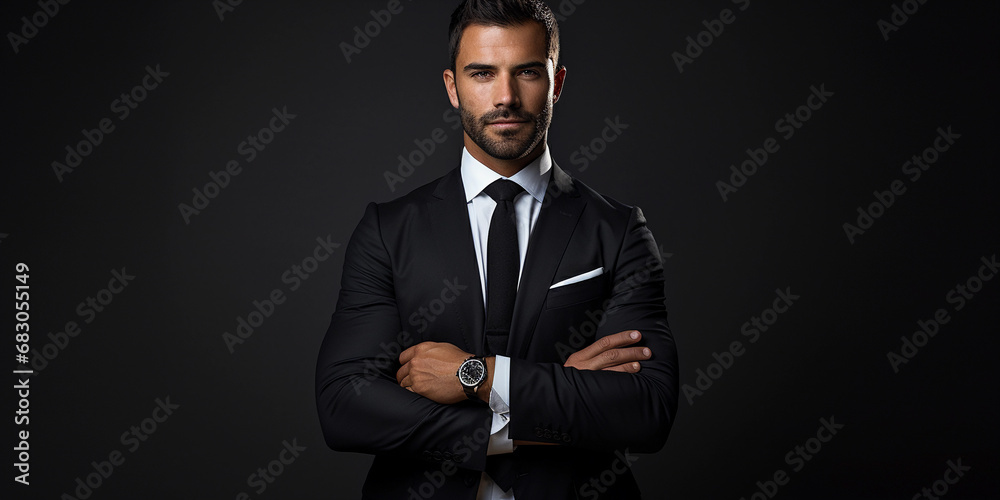 Obraz premium Sophisticated financial advisor portrait, minimalist black suit, crisp white space with sleek lines