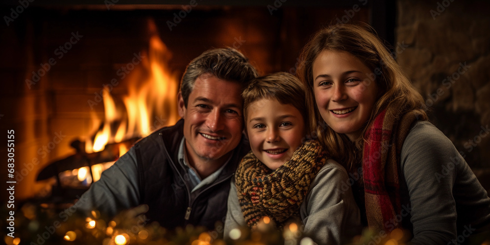 Winter generational portrait, family bundled in holiday knitwear, stone fireplace Winter generational portrait, family bundled in holiday knitwear, stone fireplace