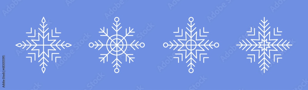 White Snowflakes on blue background. Vector Winter isolated icons in silhouette. Snow Crystals. Simple Line Style White Snowflakes on blue background. Vector Winter isolated icons in silhouette. Snow Crystals. Simple Line Style