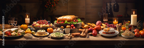 Thanksgiving and Christmas feast, rustic table spread. background. ai generative