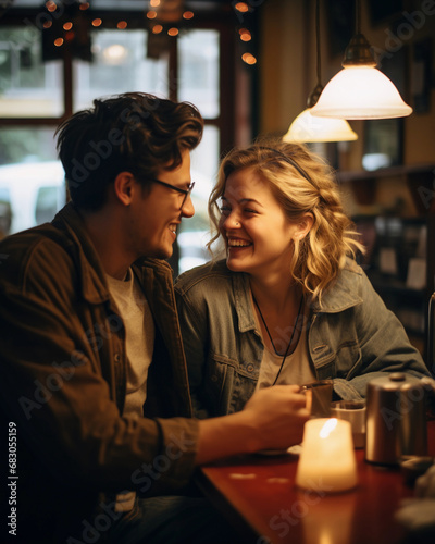 A couple in a vintage caf    soft focus  retro ambiance