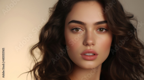 Elegant beauty portrait of a young woman with natural makeup, showcasing flawless skin and curly hair