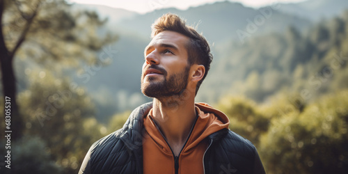 Portrait of a man breathing fresh air in nature. ai generative