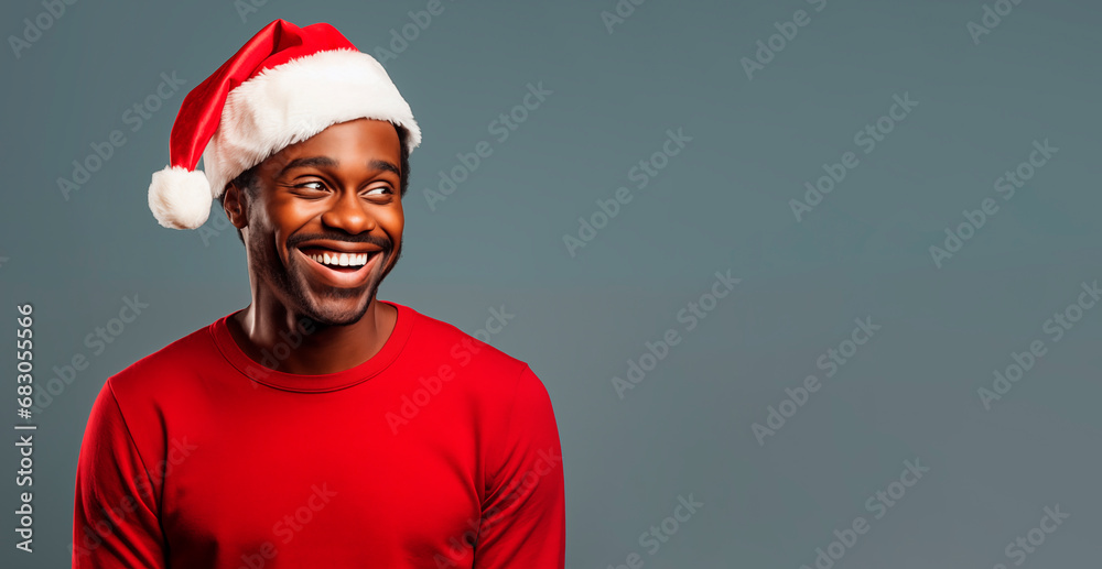 African American bearded man wearing red santa claus cap, portrait, smile, empty space. A cheerful man is ready for the New Year or Christmas African American bearded man wearing red santa claus cap, portrait, smile, empty space. A cheerful man is ready for the New Year or Christmas