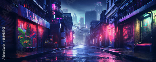 Neon lit street.night alley of a futuristic city.cyberpunk. ai generative © Oleksandr