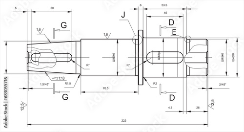 Vector engineering cad drawing of a mechanical part (steel shaft)
with through holes, dimensions.
Computer aided design of machine parts. Technical cad background.