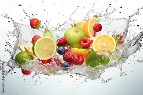 Fruits fall into the water. Creating fruity splashes. Commercial photography setting with a white background