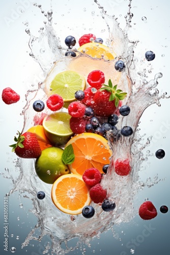 Fruits fall into the water. Creating fruity splashes. Commercial photography setting with a white background