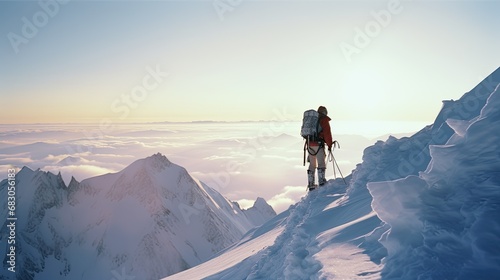 Brave Climber Conquers Snow-Capped Mountain Peak Amid Stunning Winter Landscape © AzherJawed