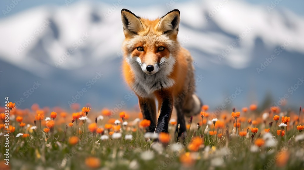 Obraz premium Red Fox standing in Alpine Wildflower Meadow