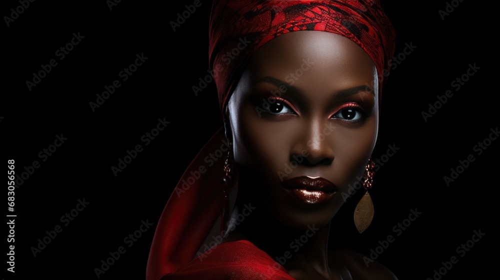 African woman wearing traditional national clothing and head wrapper. Black History Month concept. Black beautiful lady close-up portrait dressed in colourful cloth and jewellery. . - obrazy, fototapety, plakaty 