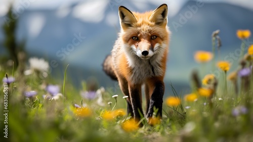 Red Fox standing in Alpine Wildflower Meadow