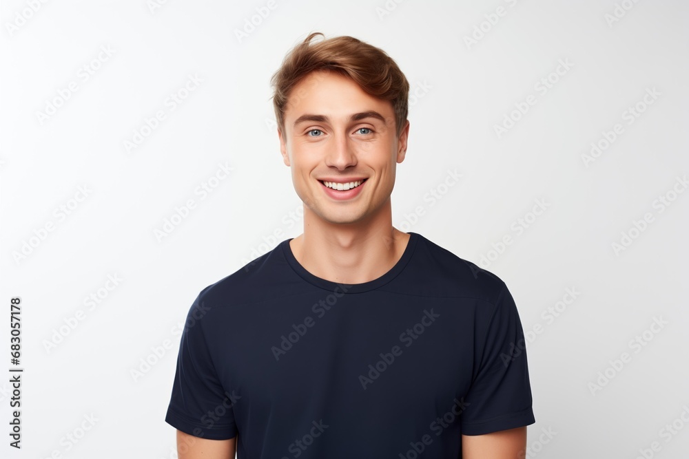Handsome Fictional Male Model with Blue Eyes Smiling Candidly. Casual Clothes. Isolated on a Plain White Background. Generative AI. Handsome Fictional Male Model with Blue Eyes Smiling Candidly. Casual Clothes. Isolated on a Plain White Background. Generative AI.