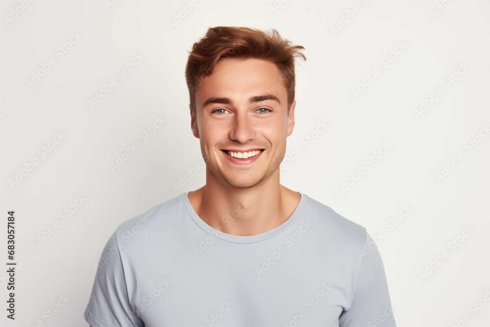 Handsome Fictional Male Model with Blue Eyes Smiling Candidly. Casual Clothes. Isolated on a Plain White Background. Generative AI. Handsome Fictional Male Model with Blue Eyes Smiling Candidly. Casual Clothes. Isolated on a Plain White Background. Generative AI.