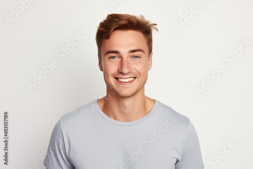 Handsome Fictional Male Model with Blue Eyes Smiling Candidly. Casual Clothes. Isolated on a Plain White Background. Generative AI. © Tuyres