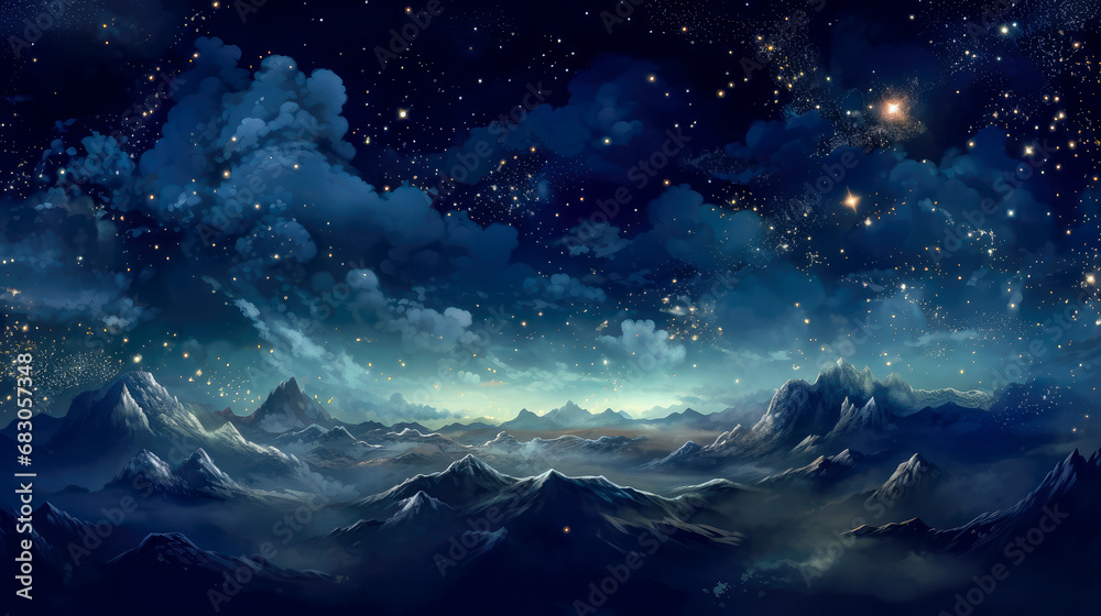 illustration of a starry sky over the mountains