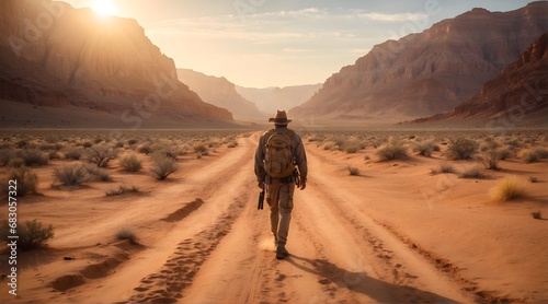 Man adventurer with backpack walking on dusty path trough dessert, adventure and lifestyle concept background photo
