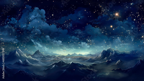 illustration of a starry sky over the mountains