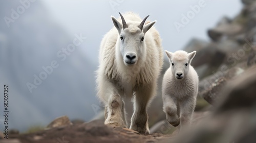 Mother Mountain Goat and Kid on a Rocky Slope