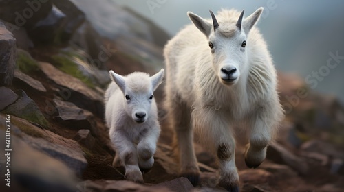 Mother Mountain Goat and Kid on a Rocky Slope