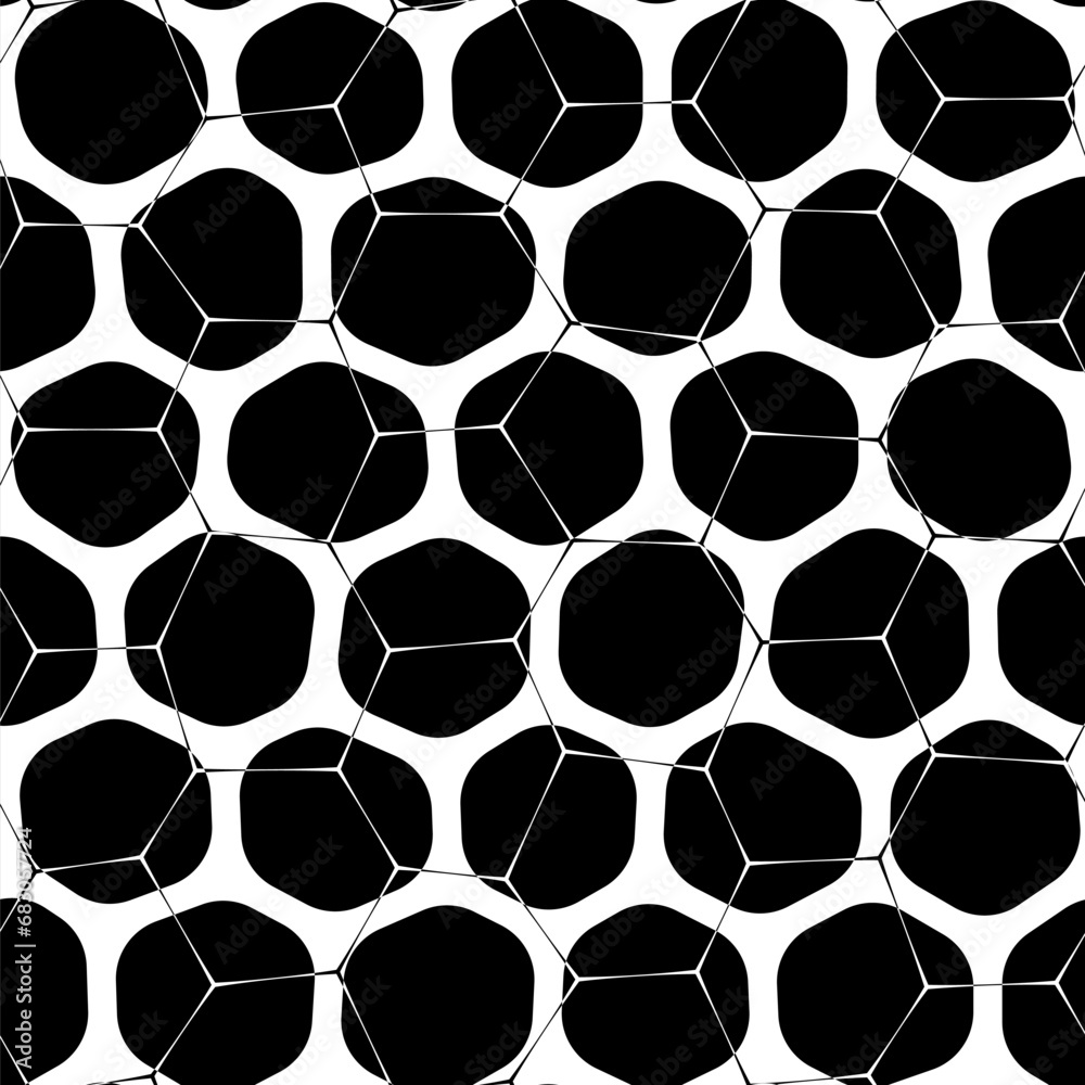 A seamless abstract pattern in bold black and white featuring a honeycomb motif on a black backdrop with a mesh-like design