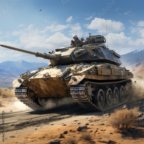 Armored Tank in Military Formation with Self-Propelled Artillery