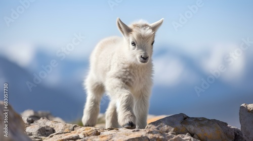 Playful Mountain Goat Kid on a Stony Path