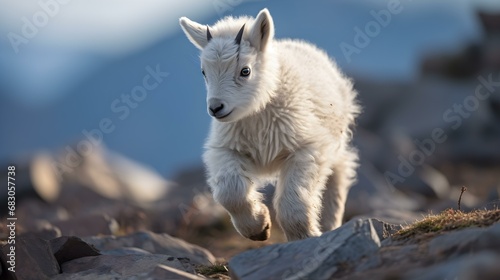 Playful Mountain Goat Kid on a Stony Path