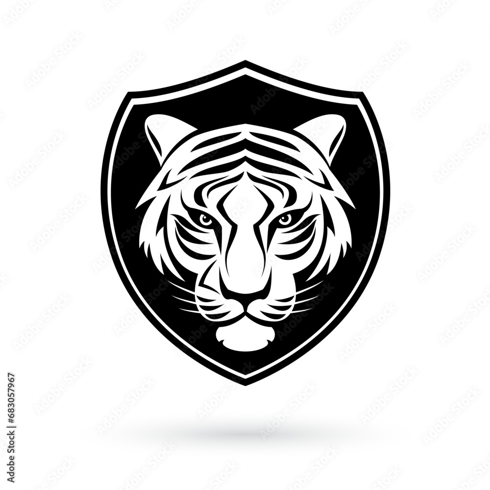 A Tiger head logo on black shield, in the style of black and white art. Illustration on white background. Symmetrical design A Tiger head logo on black shield, in the style of black and white art. Illustration on white background. Symmetrical design
