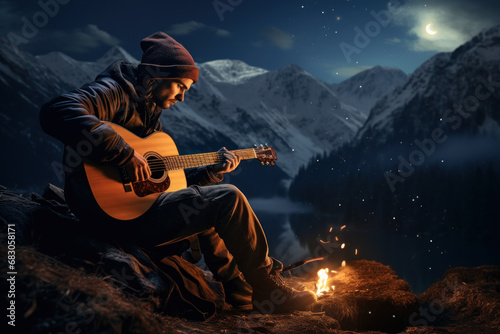 A musician playing a guitar around a campfire under a starry night sky. Concept of music and outdoor adventures. Generative Ai.
